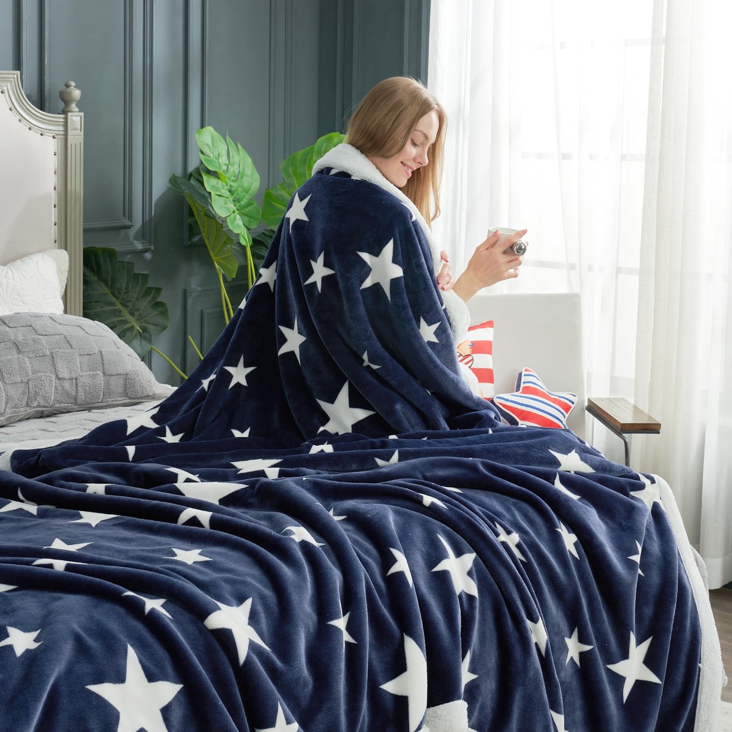 Cozy Bliss Patriotic Throw Blanket for Couch, Luxury Reversible Sherpa Throw with Star Design, Thick Warm Cozy Soft Blanket for Sofa, Bed, Home Decor and Gifts, Navy Blue, 60" x 80"