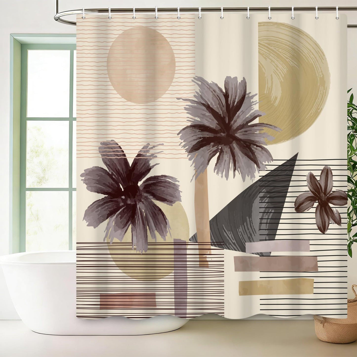 Baocicco Abstract Tropical Palm Shower Curtain Mid Century Modern Geometric Sun Stripes Shower Curtains for Bathroom Waterproof Fabric Bathroom Decorations with Hooks 72x72 inches