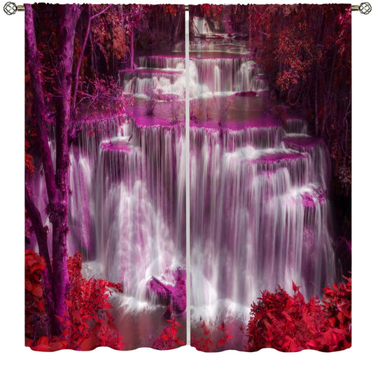 Waterfall Curtains，Spring Nature Theme Pink Red Floral Forest Landscape Scenery Pattern Waterproof Fabric Rod Pocket Window Drapes for Bedroom Living Room Set 2 Panels,42x45 Inches