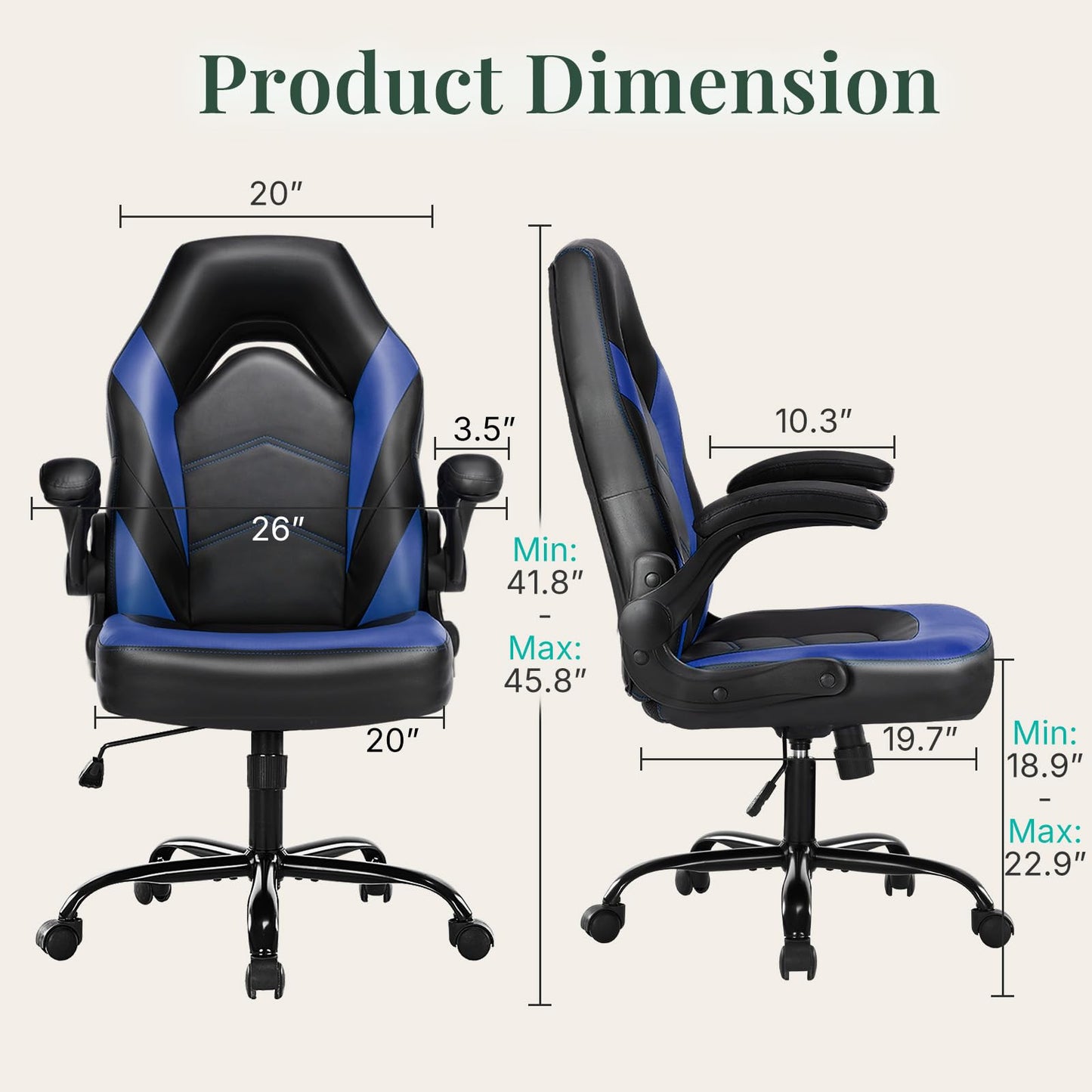 HAPPYMONT Ergonomic Computer Gaming Chair - Home Office Desk with PU Leather Lumbar Support, Adjustable Big and Tall Video Game with Flip-up Armrest, Swivel Wheels for Adults and Teens,Black Blue