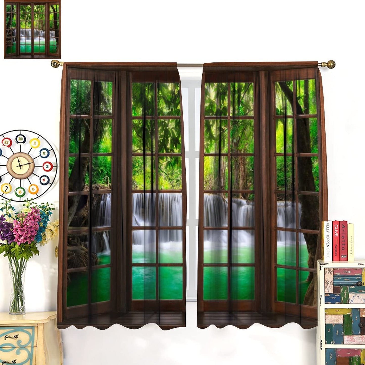 SENRUEGT Natural Landscape Window Curtains, 3D Spring Forest Waterfall Nature Scenery Print Bedroom Living Room Kitchen Window Treatments Drapes 42x45 Inch