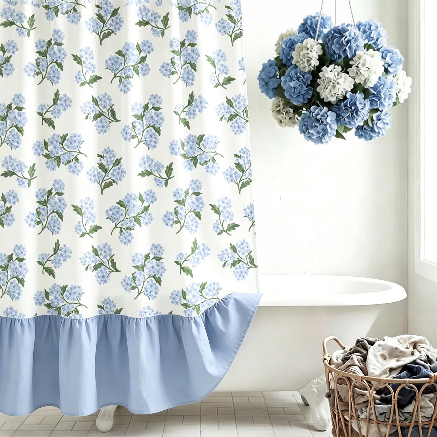 FYSUIMU Linen Textured Ruffle Shower Curtain with 12 Hooks Blue Hydrangea Floral Block Print Waterproof Bath Curtain for Summer Farmhouse French Country Bathroom Decor, 72 x 72 Inch