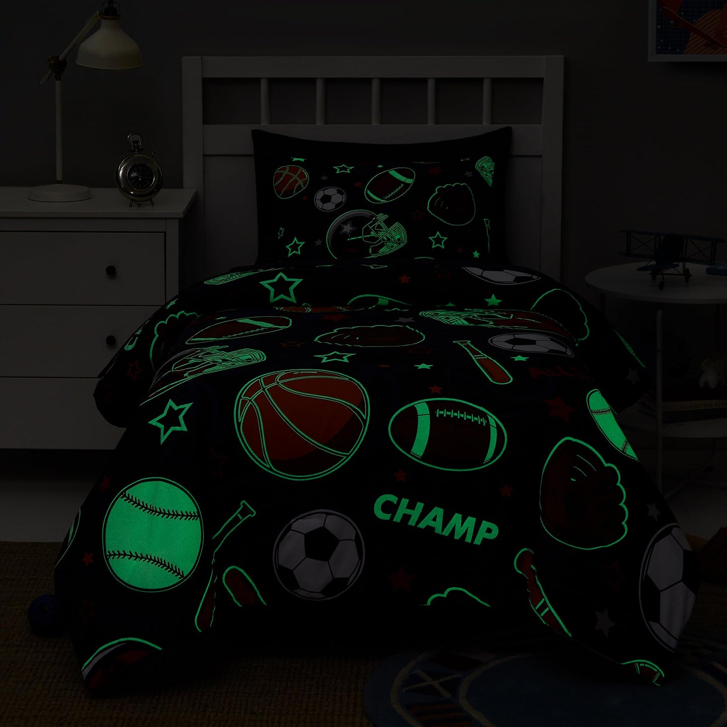 Kaleido Space Twin Kids Comforter Set - 5 Pieces Twin Bedding Sets for Boys Teen, Glow in The Dark Sports Ball Games Bed in A Bag with Sheets