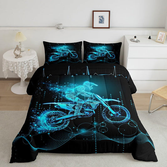 Feelyou Kids Dirt Bike Bedding Set Twin Size, Racing Motocross Rider Comforter Set Boys Girls Motorcycle Comforter Extreme Sports Teens Duvet Set Bedroom Decor Bed Set