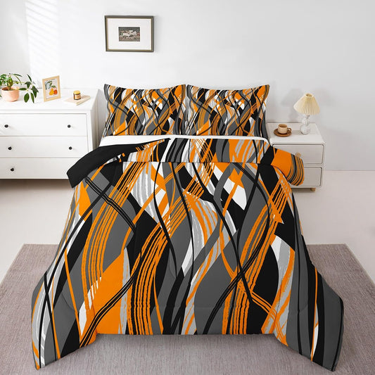 jejeloiu Queen Size Orange Striped Bedding Set for Kids Boys Girls Modern Abstract Comforter Set Minimalist Duvet Quilt Bedroom Decor Soft Lightweight Microfiber 3Pcs