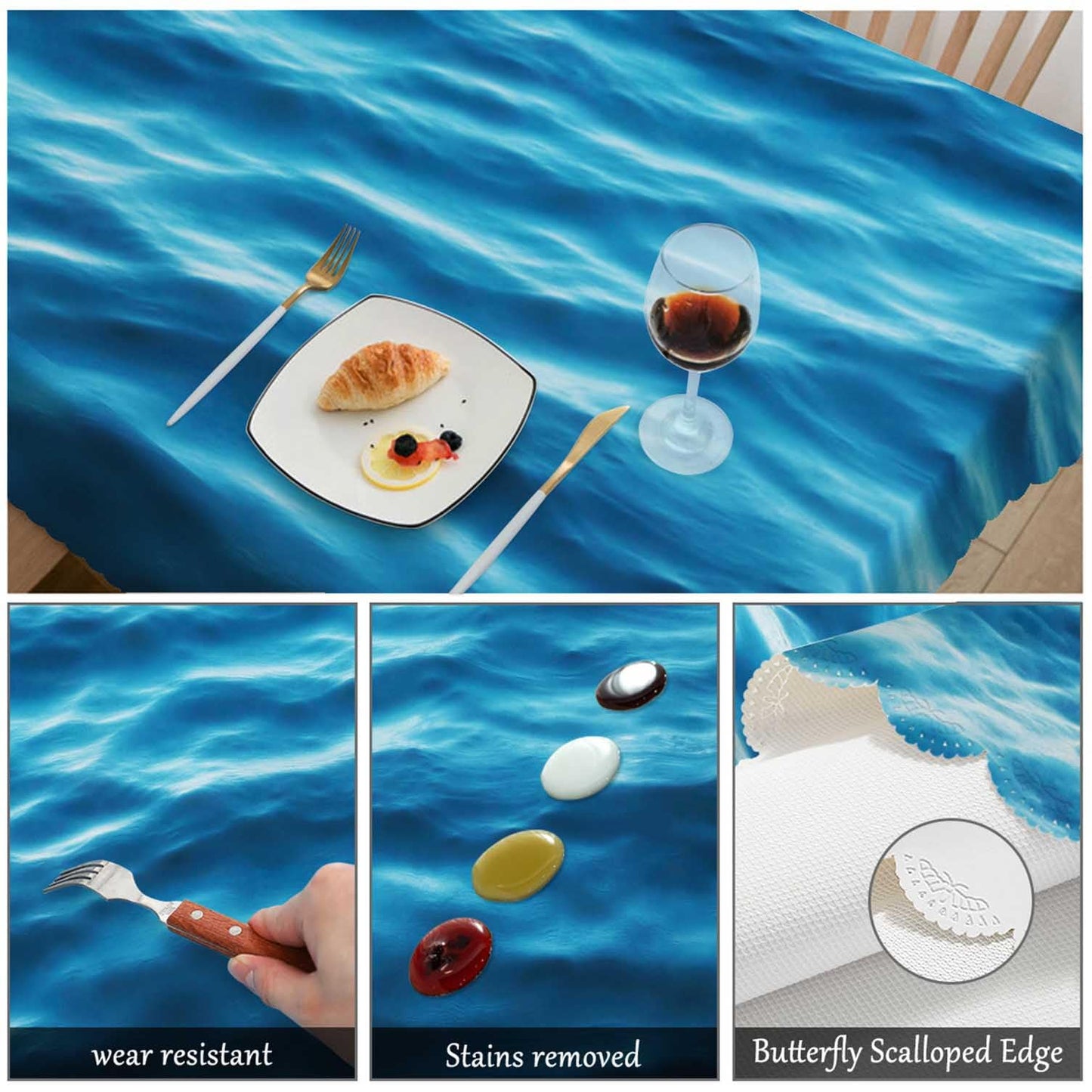 Swono Ocean Waves Table Covers 52x70 Inch Tropical Blue Ocean Waves Seawater Flow Wipeable Tablecloth Kitchen Dinning Tabletop Decoration, Table Cloth for Outdoor and Indoor Use