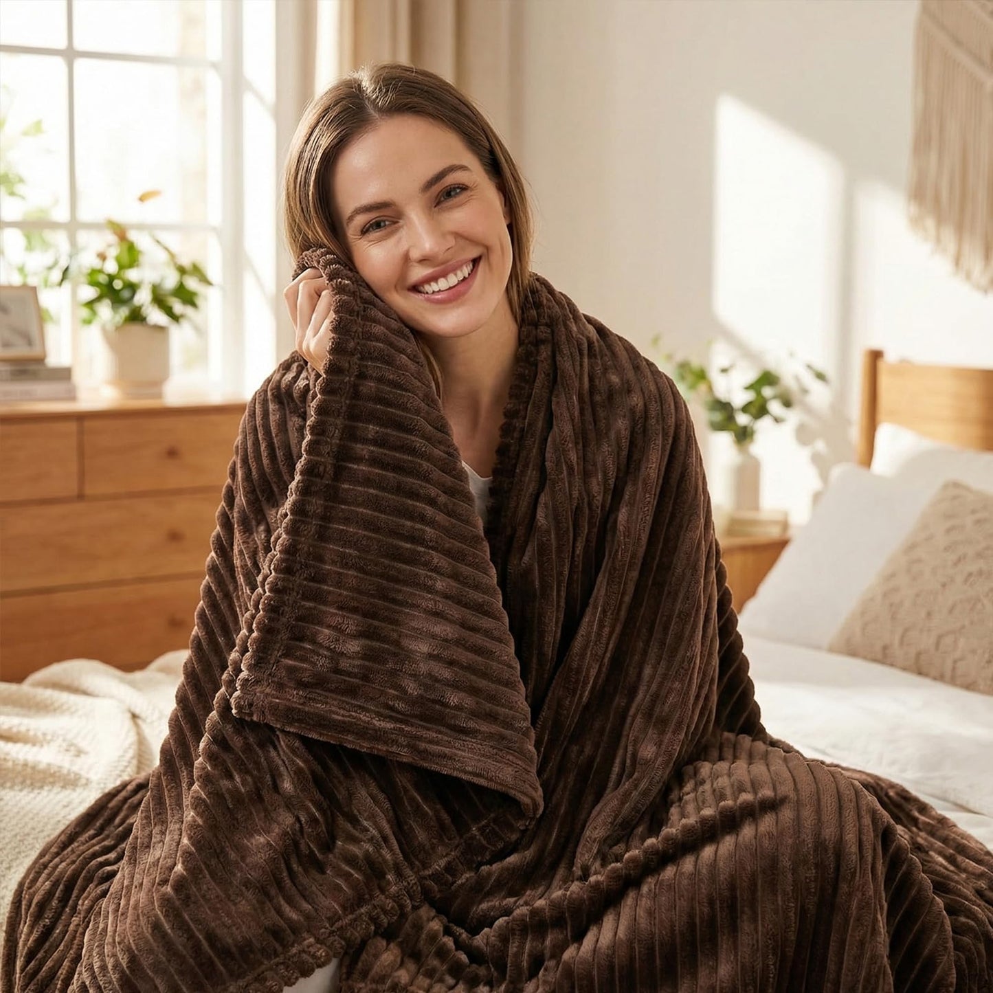 Vessia Flannel Fleece Throw Blanket, 300GSM Cozy Brown Stripe Throw for Couch, Sofa and Bed, Warm and Soft Chocolate Microfiber Ribbed Blanket for All Season