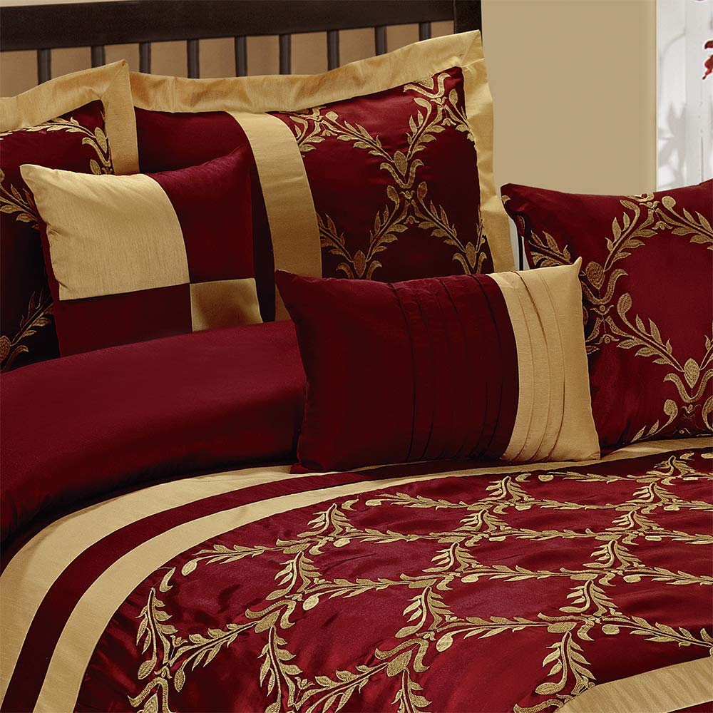 HIG 7 Piece Bed in A Bag Comforter Set King - Burgundy and Gold Faux Silk Fabric Embroidered - Breathable and Wrinkle Resistant - 1 Comforter, 2 Shams, 3 Decorative Pillows, 1 Bedskirt