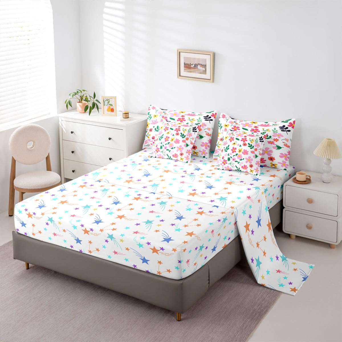 Feelyou Floral Comforter Set with Sheets 7 Piece Full Size Blossom Flowers Pattern Bedding Set for Kids Boys Girls Cute Flower Bed in a Bag Natural Theme Room Decor Pink Green Yellow Soft Microfiber
