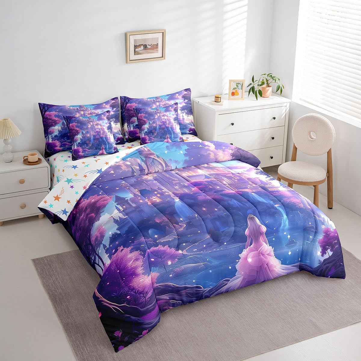Erosebridal Sweet Princess Comforter Set King,Dreamy Fantasy Castle Bedding Set 7Pcs for Kids Girls,Mysterious Fairytale Bed in a Bag,Pink Ombre Cloud Quilt