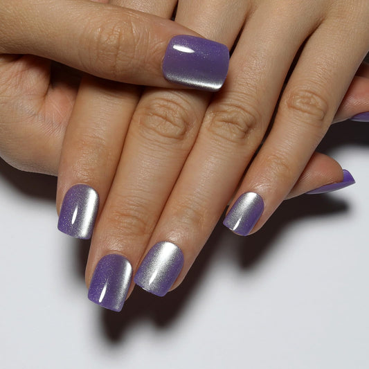 Stbisne Purple Press On Nails Short - Lavender Color, Cat Eye Square Fake Nail, Color-Shifting Glow, Reusable Stick On Nails, 15 Sizes - 30Pcs, Glue On Nails for Women Gift, Amethyst Drift