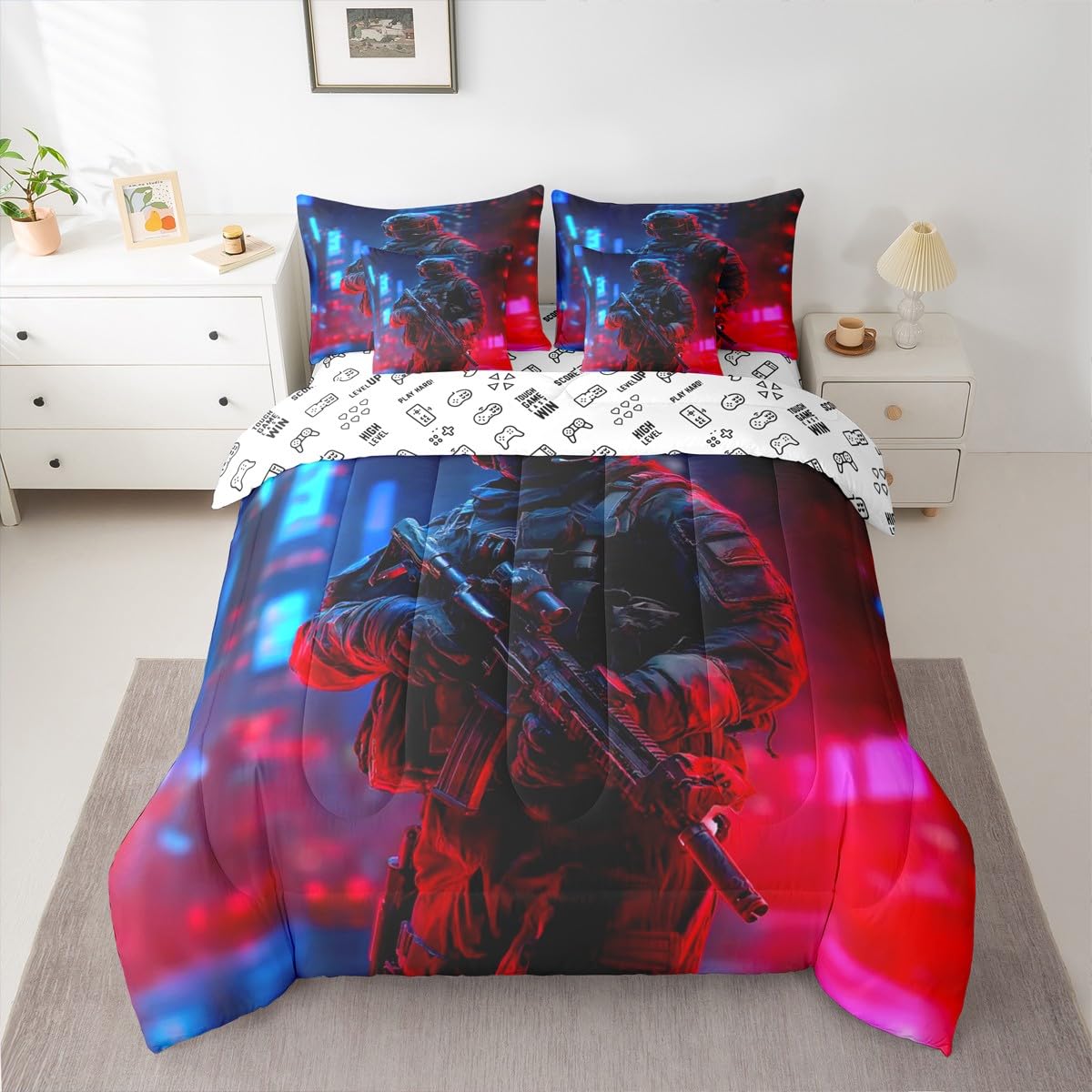 jejeloiu Soldier Comforter Set Twin Size 7 Pieces Army Rifle Machine Gun Bedding Set for Kids Boys Girls Military Themed Bed in a Bag Bedroom Decor All Season Quilted Breathable Soft Lightweight