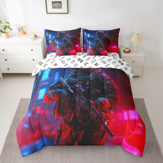 jejeloiu Soldier Comforter Set Twin Size 7 Pieces Army Rifle Machine Gun Bedding Set for Kids Boys Girls Military Themed Bed in a Bag Bedroom Decor All Season Quilted Breathable Soft Lightweight