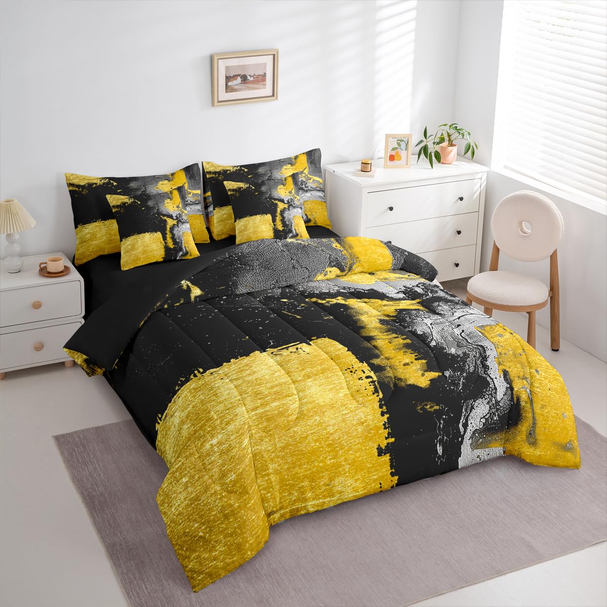 Feelyou Abstract Comforter Set with Sheets 7 Piece King Size Modern Abstract Art Bedding Set for Kids Boys Girls Luxury Bed in a Bag Geometric Room Decor Yellow Black Soft Lightweight Microfiber
