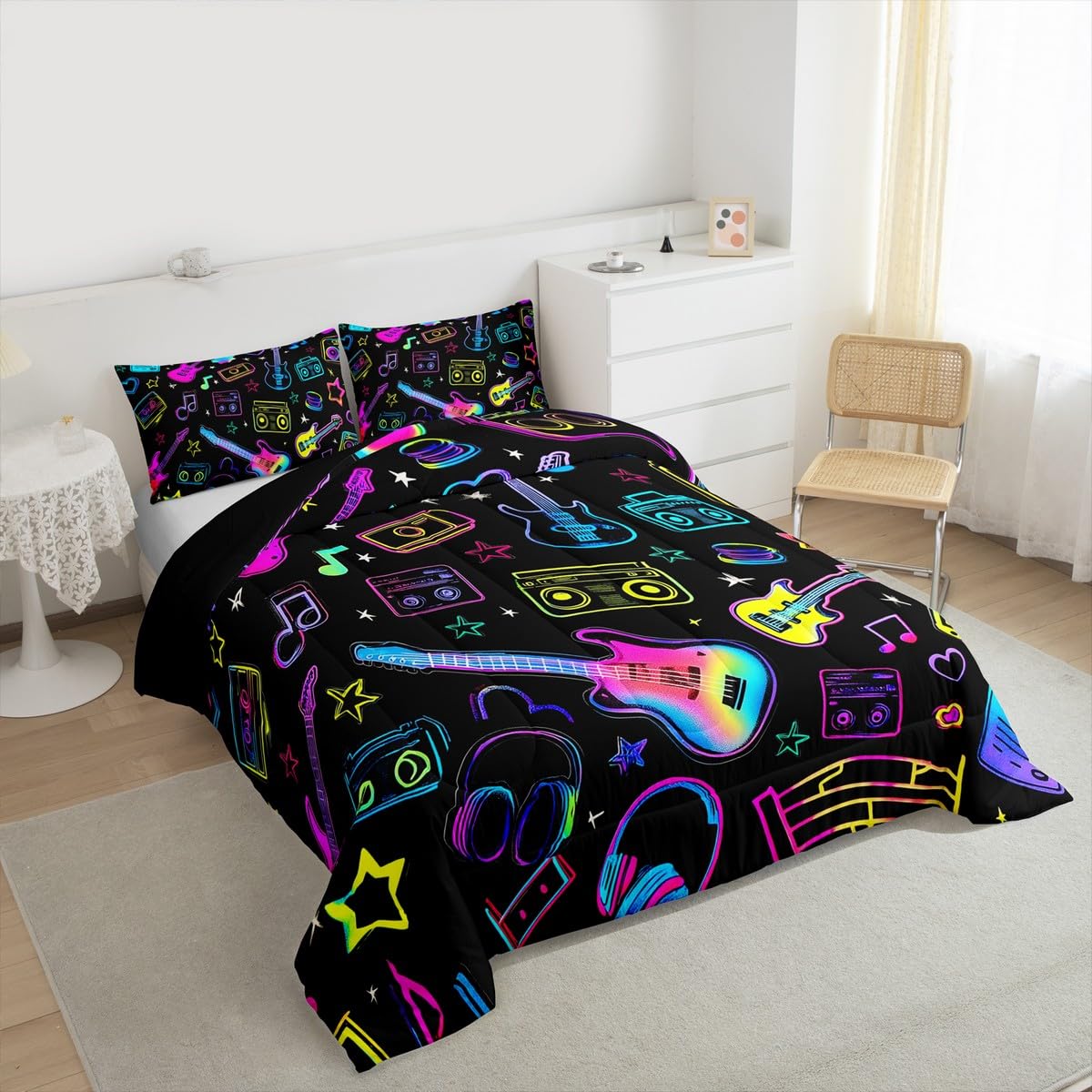 Erosebridal Music Theme Kids Comforter Sets Guitar Headphone Radio Queen Bedding Set for Boys Girls Rock Musical Instruments Comforter Set,Music Lovers Quilt Duvet 3 Pcs