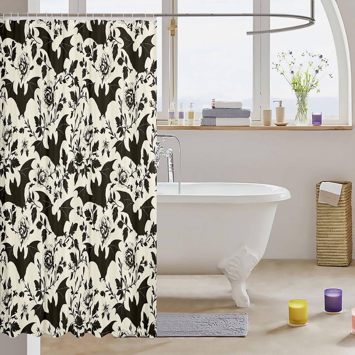 jejeloiu Happy Halloween Shower Curtain for Bathroom Decor Horror Bats Flower Bath Curtain for Bathtubs Skull Ghost Bathroom Accessories Witchcraft Waterproof Cream-Coloured with 12 Hooks 72"x72"