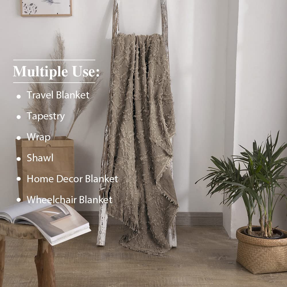 Simple&Opulence 100% Cotton Throw Blanket for Bed, Couch, Boho Textured Geometric Knit Woven Blanket with Tassels Soft, Lightweight Breathable Shabby Chic Farmhouse Decoration for All-Season(Brown)