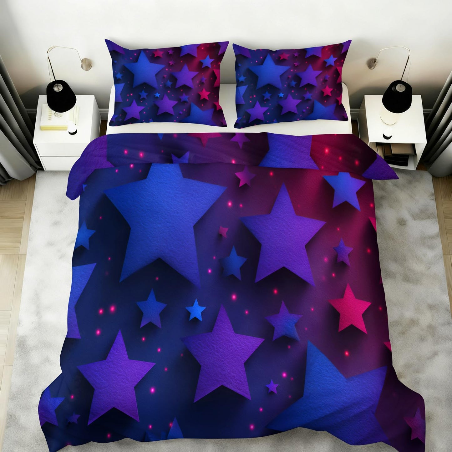 ZAOMIR Blue Purple Stars Duvet Cover Queen Size, Colorful Dark Bedding Set 3 Piece, Neon Lights Stars Patterned Comforter Cover with Zipper Soft Microfiber, 2 Pillowcases