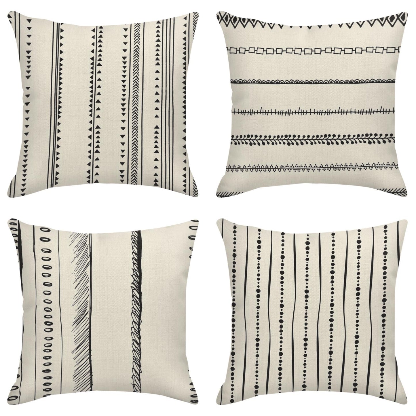 ArtSocket Set of 4 Throw Pillow Covers Pattern Black and White Boho Bohemian Geometric Dots Lines of Borders Decor Linen Outdoor Pillow Cases Home Decorative Square 18x18 Inches Pillowcases