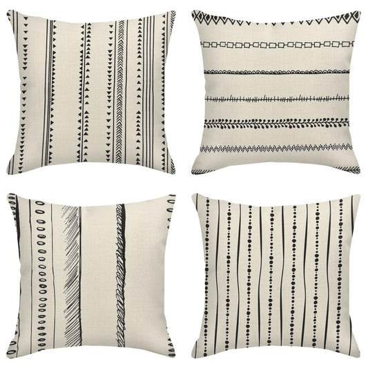 ArtSocket Set of 4 Throw Pillow Covers Pattern Black and White Boho Bohemian Geometric Dots Lines of Borders Decor Linen Outdoor Pillow Cases Home Decorative Square 18x18 Inches Pillowcases