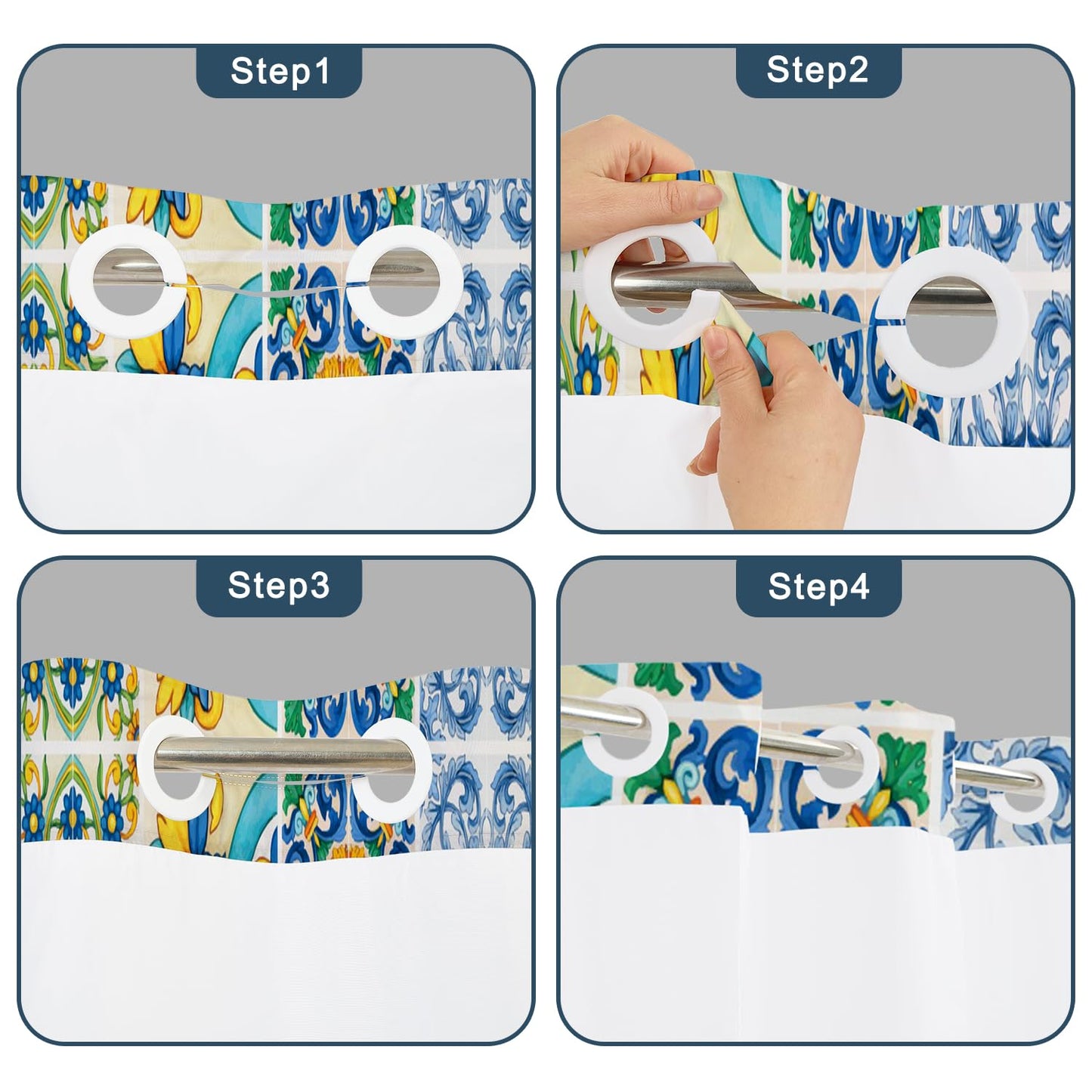 No Hook Shower Curtain with Snap in Fabric Liner Set, Waterproof & Washable, Boho Mediterranean Blue Yellow Lemon Floral Shower Curtains for Bathroom, Colorful Bathroom Curtain, House Gift, 71x74 inch