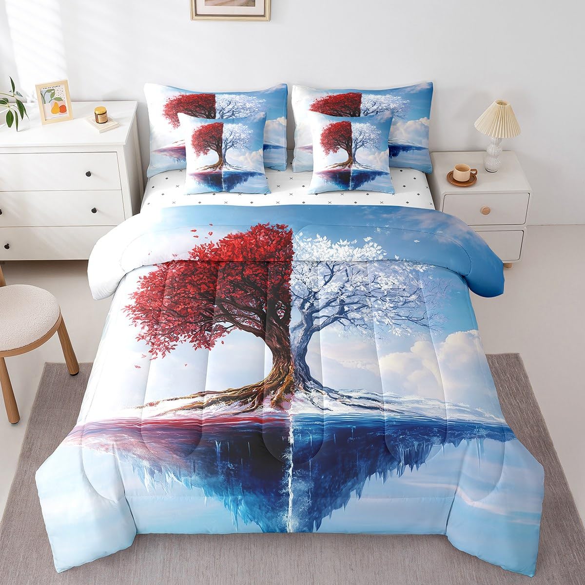 Red and White Tree Branches Pattern 7 Pieces Bedding Set Twin Size Kids Leaf Branches Bed in a Bag with Comforter, Pillowcases Ice Mountain Bed Set Breathable Botanical Room Comforter Set with Sheets