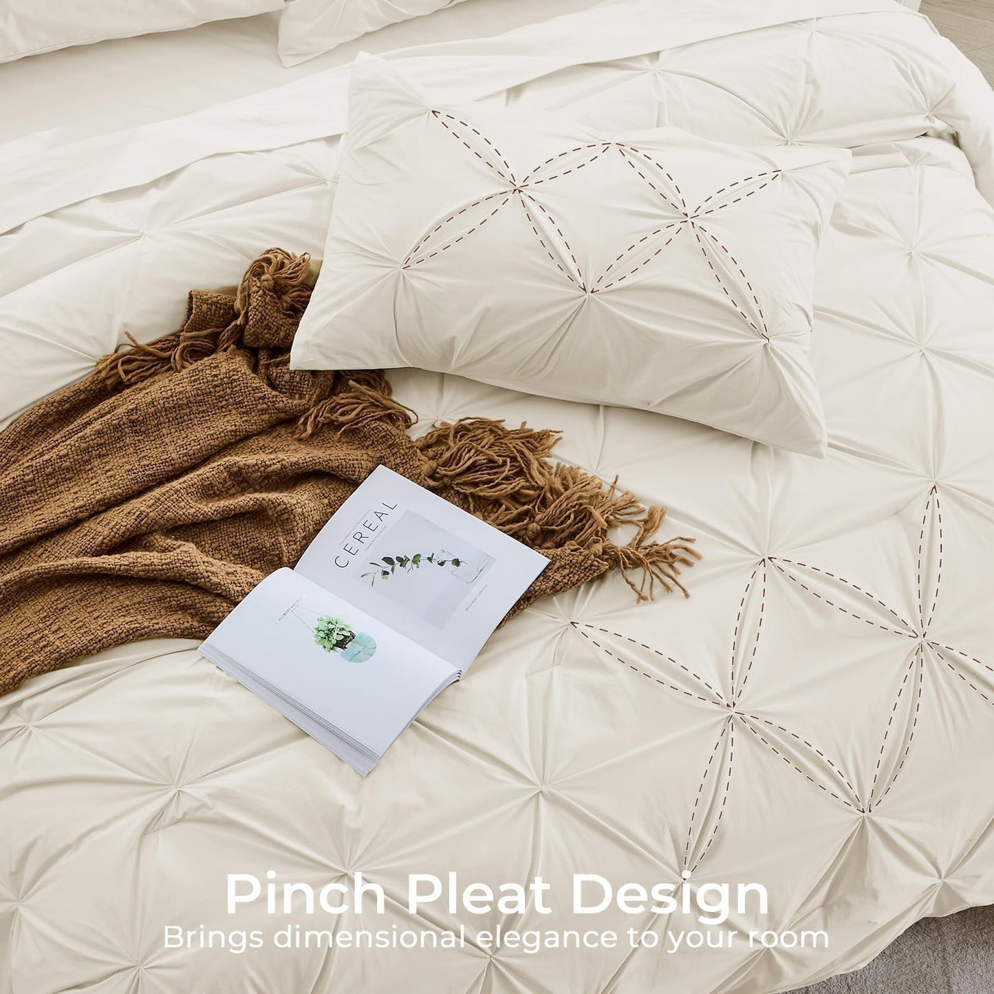 Sasttie Queen Comforter Set, 7-Piece Bed in a Bag, Pintuck Bedding Sets for All Season, Includes Comforter, Flat Sheet, Fitted Sheet, Pillowcases and Pillowshams, Beige