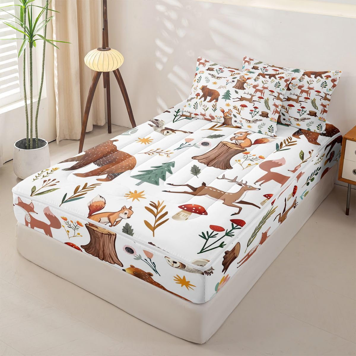 Erosebridal Woodland Animal Zip Up Comforter Set Bear Deer Forest Theme Twin Zipper Bedding Wildlife Hunting Theme Bed Set with Sheets Farmhouse Cabin Wildflower Mushroom Bed in a Bag Bedroom Decor