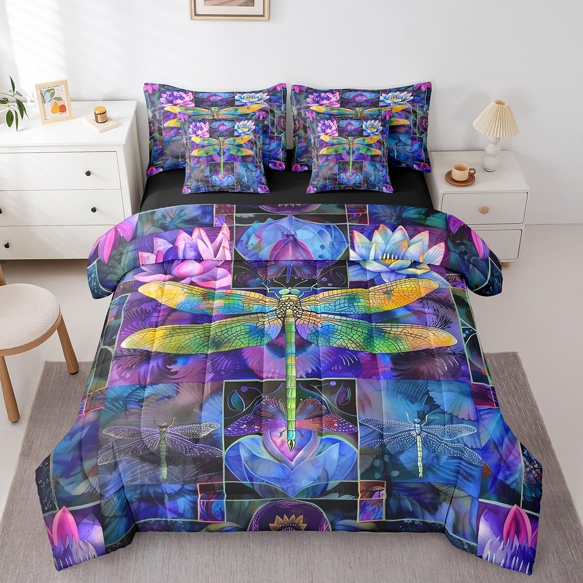 Erosebridal Boho Dragonfly Comforter Set Queen,Bohemian Lotus Flower Bedding Set 7Pcs for Kids Teens Girls,Gradient Butterfly Moth Quilt,Trippy Palm Leaves Bed in a Bag