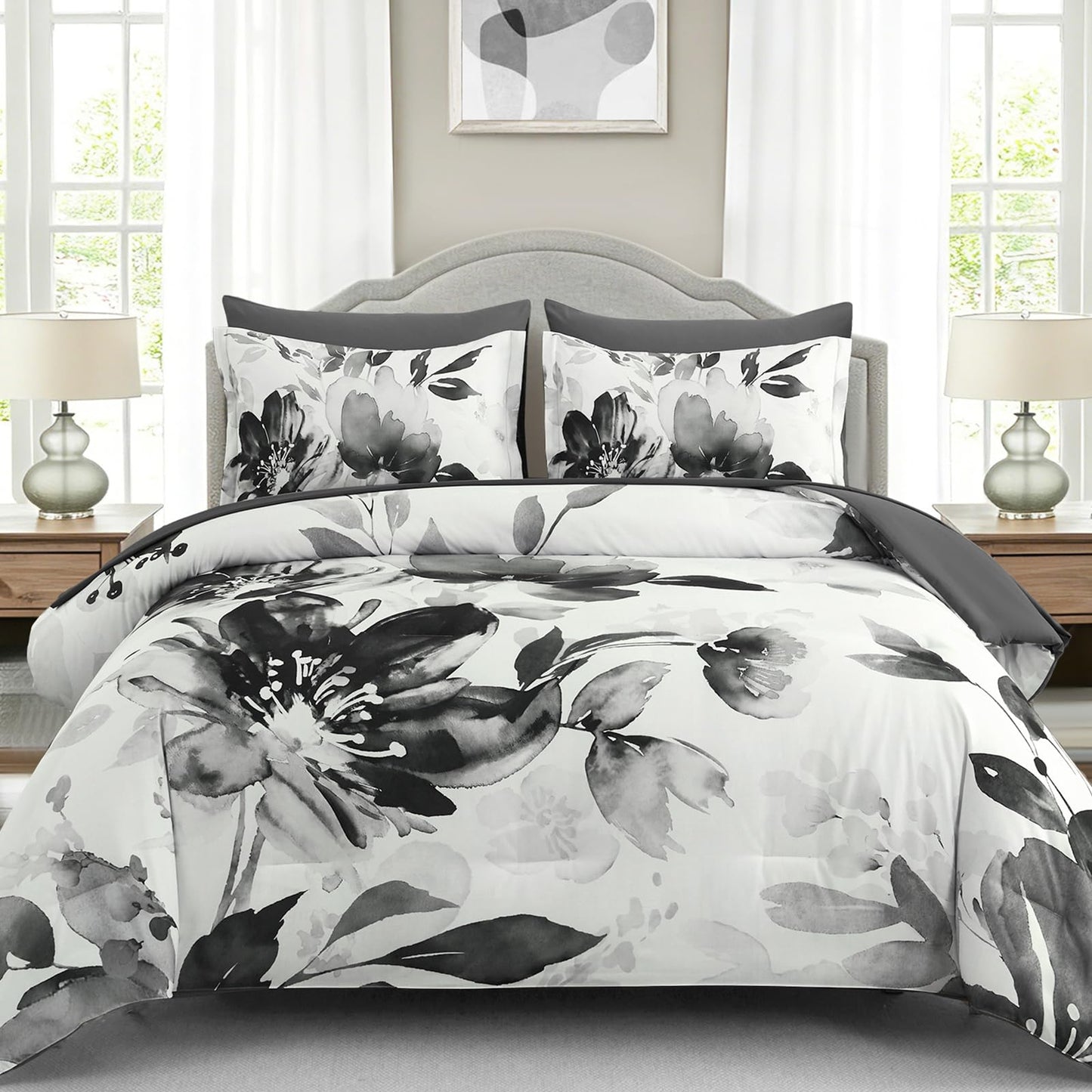 Luxudecor Floral Comforter Set King Size, 7 Piece Black Grey Flower Set Bed in a Bag,Soft Microfiber Farmhouse Shabby Chic Bedding Set for All Season(90"x104")