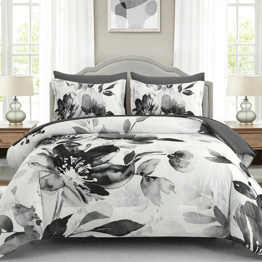 Luxudecor Floral Comforter Set King Size, 7 Piece Black Grey Flower Set Bed in a Bag,Soft Microfiber Farmhouse Shabby Chic Bedding Set for All Season(90"x104")