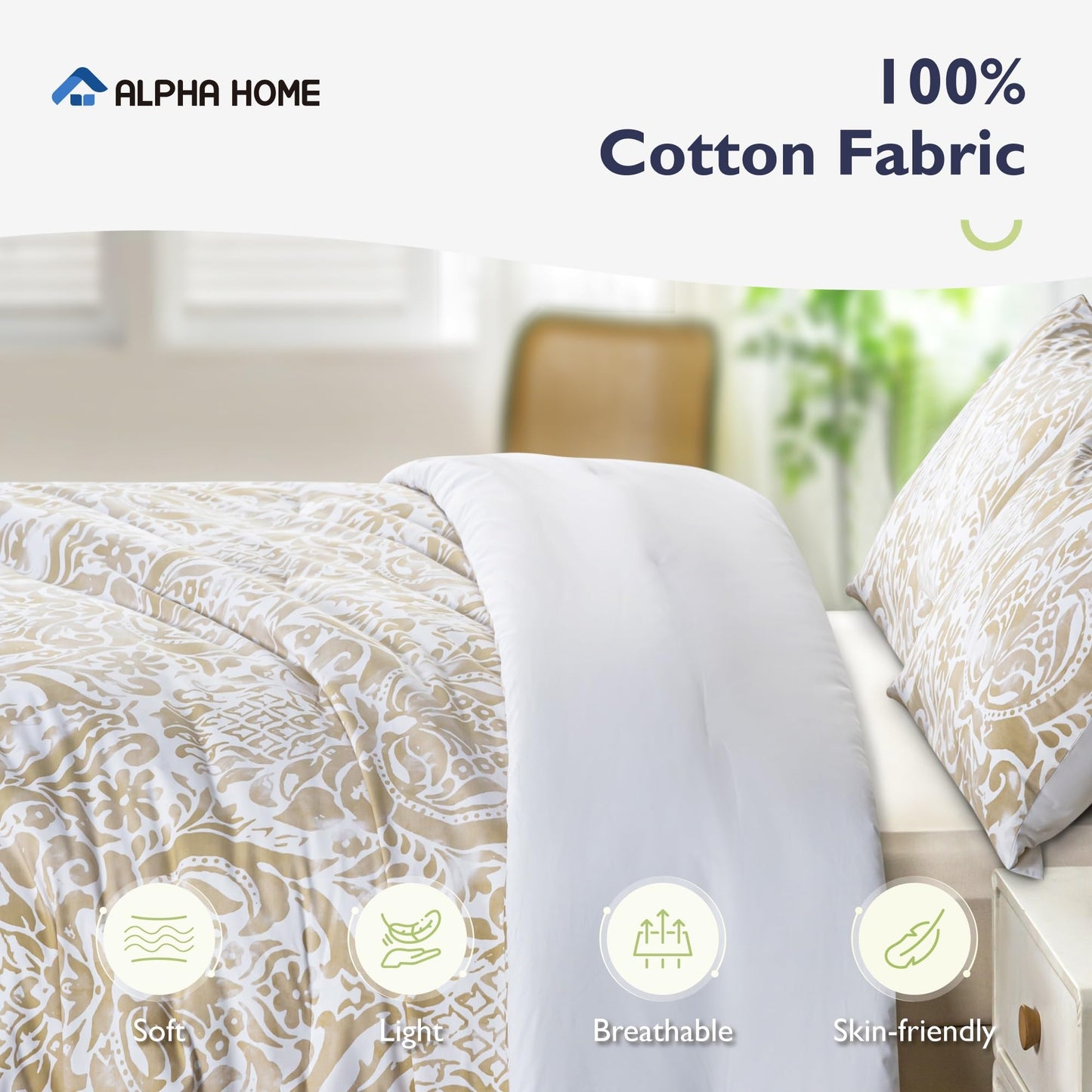 ALPHA HOME Comforter Set King Size, All Season Bedding Comforter Set, Comfortable Classic Damask Pattern Comforter Set with 100% Cotton Fabric (1 Comforter, 2 Pillowcases)