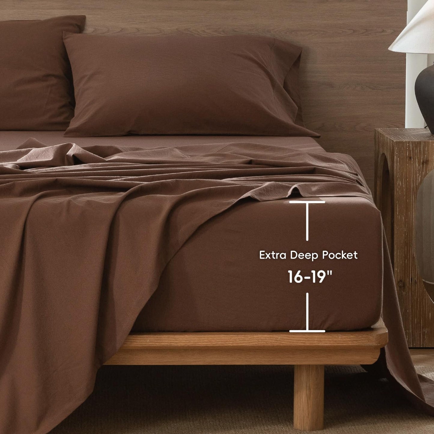 MooMee Fitted Bottom Sheet Only 100% Washed Cotton Linen Like Textured Breathable Durable Soft Comfy Deep Pocket Fits Mattress up to 17" (Cocoa Brown, Queen)