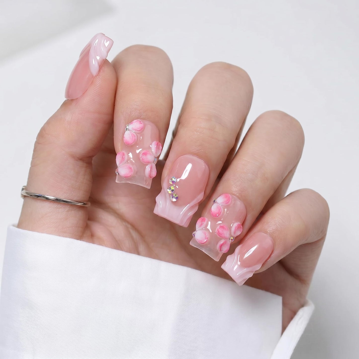 EasierGlow 10Pcs Handmade Short Square Press On Nails | Easy Apply & Remove, Reusable Salon Quality Nails | Pink Press Ons with 3D Ombre Flowers, Crystal Accents & Wave French Tips (Y214, S)