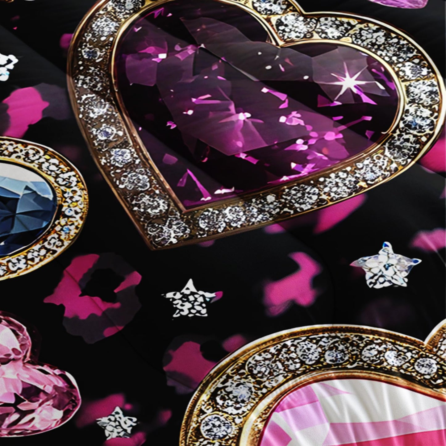 QOOMO Pink Heart Kids Full Comforter Set 3Pcs Leopard Love Heart Bedding Set for Girls Boys Crystal Diamond Printed Comforter with 2 Pillowcases Lightweight Microfiber for All Seasons