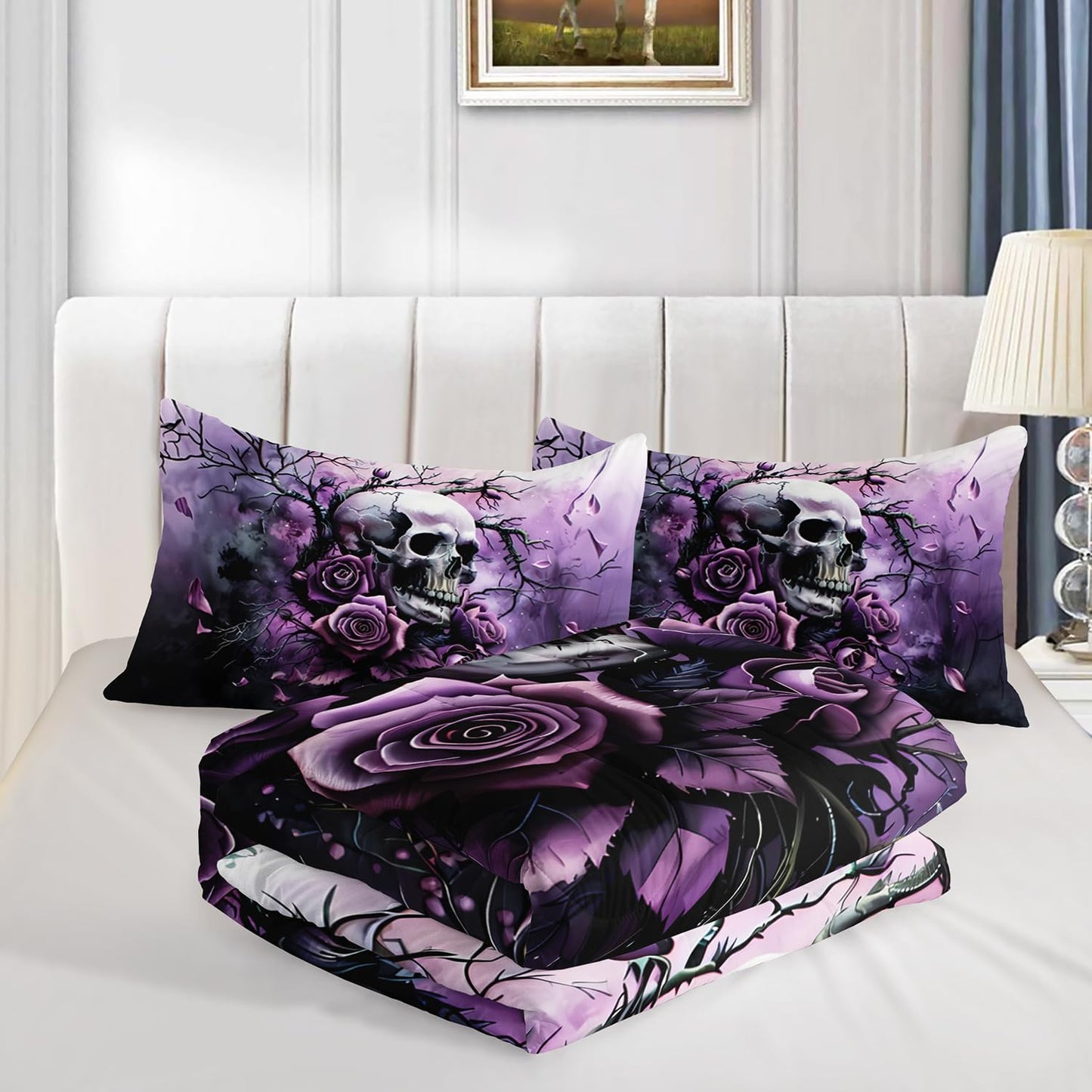 HOSIMA Death Skull Queen Bedding Sets,Skull Surrounded by Flowers Print Gothic Comforter Set,Branch Pattern Horror Themed Halloween Comforter for Women Girls Room Decor with 2 Pillowcases.