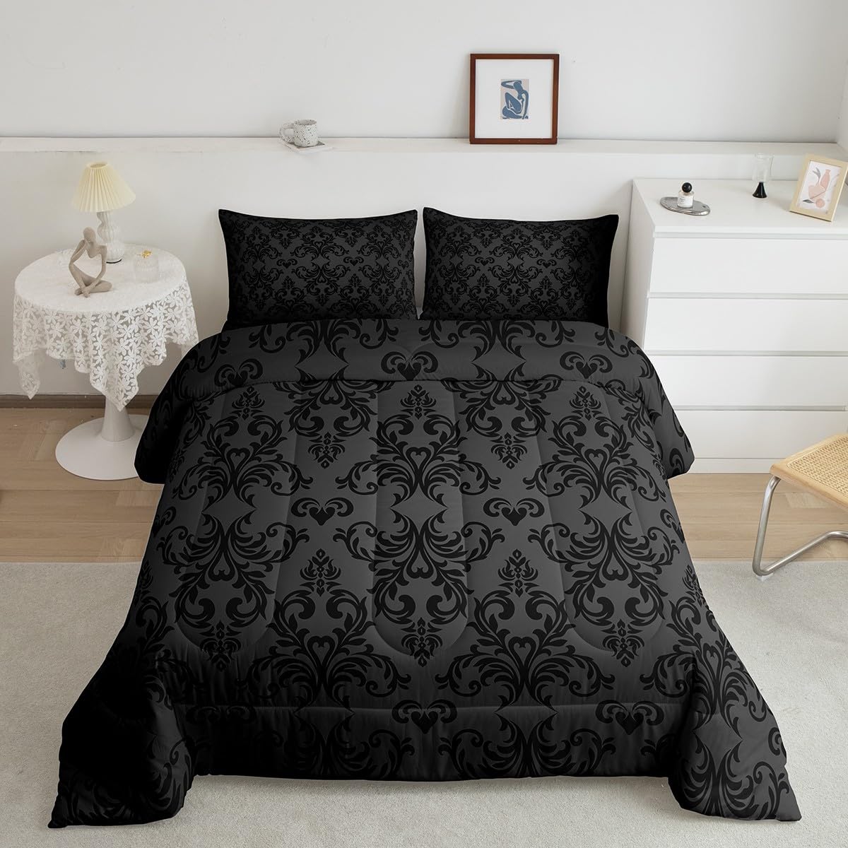 Feelyou Jacquard Bedding Set,Twin Size Floral Comforter Set for Adults and Teens,Boho Damask Duvet Set,Black & Grey Quilt Set (2Pcs)