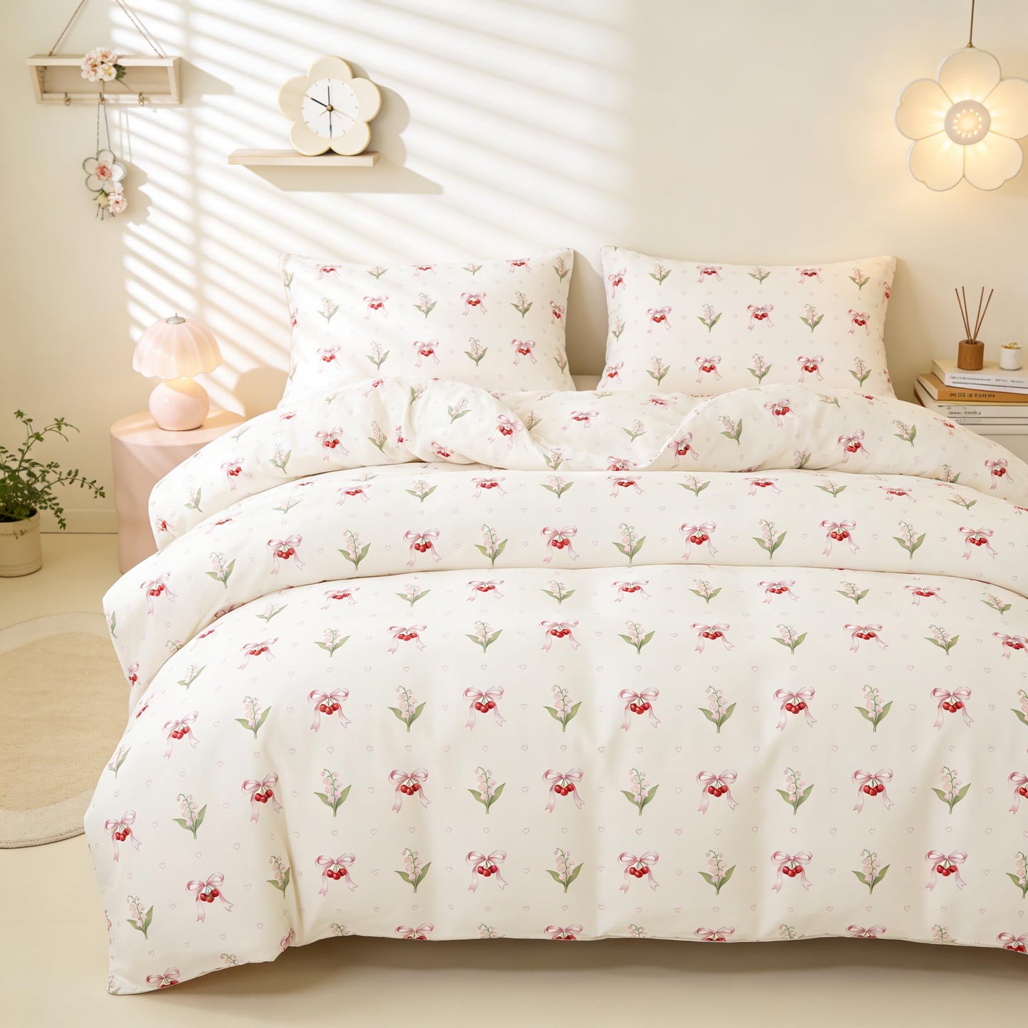 Pink Duvet Cover Queen Size Floral Bow Cherry Printed on White Duvet Cover Set Love Pattern Bowknot Heart Spring Romantic Green Botanical Princess Kawaii Soft Microfiber Bedding Set Kids Boys Girls