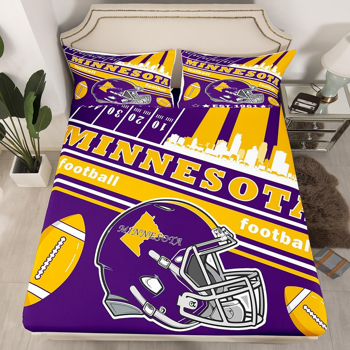 Feelyou Football Bed Sheets Set Boys Teens Twin Size Women Men Rugby Sports Bedding Set Football City Fitted Sheet with 16 Inch Deep Pockets