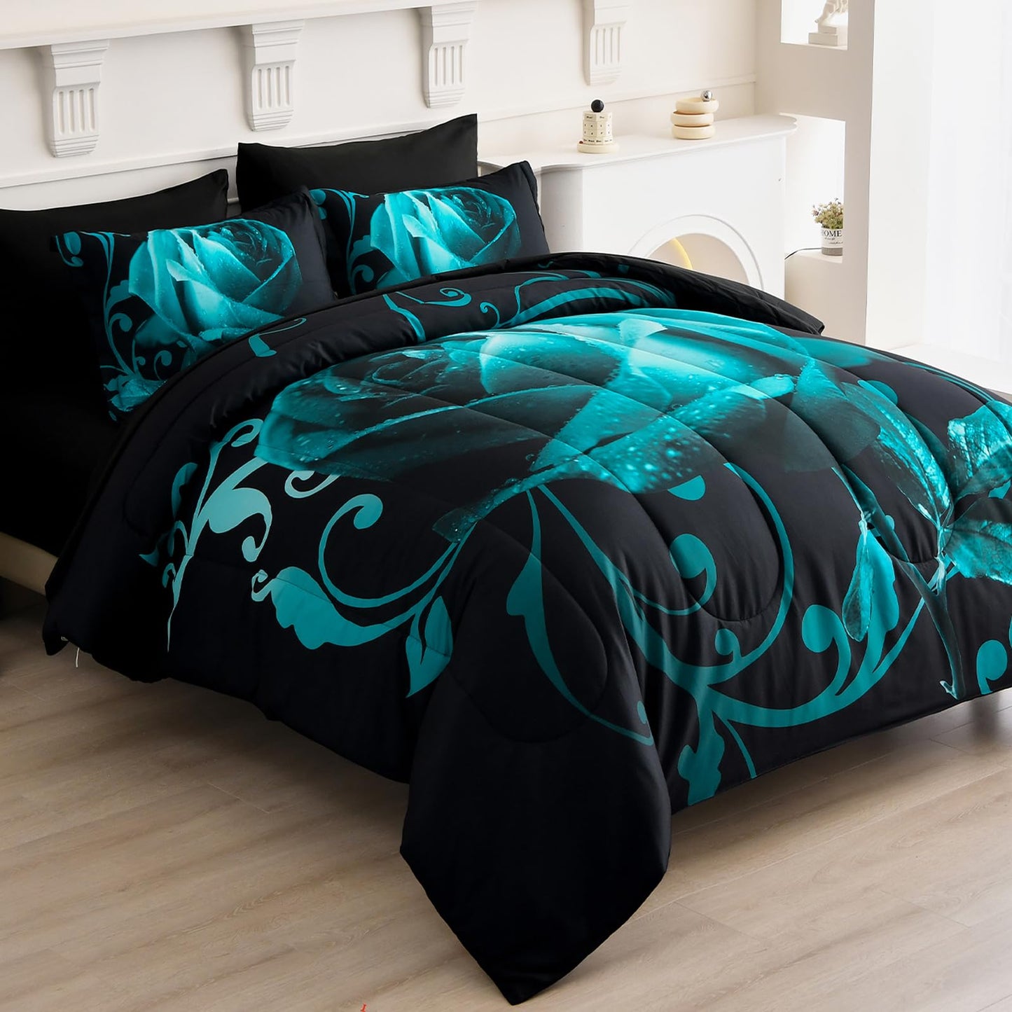 WONGS BEDDING Teal Green Comforter Set King, Reversible Rose 7 Pieces Bed in a Bag, Lightweight Soft Microfiber Bedding Sets with Flat Sheet, Fitted Sheet, Pillowcases & Shams