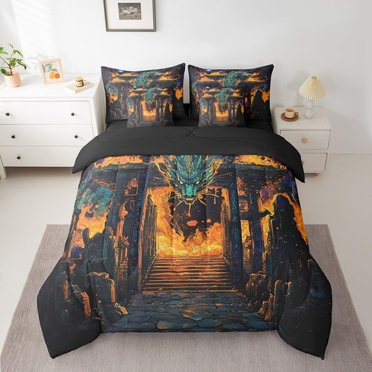 7 Pieces Japanese Style Comforter Set Queen,Fire Dragon Vintage Building Bed Set for Kids Boys Girls,Gothic Bedding(1 Comforter,1 Fitted Sheet,1 Flat Sheet,2 Pillowcases,2 Throw Pillow Covers