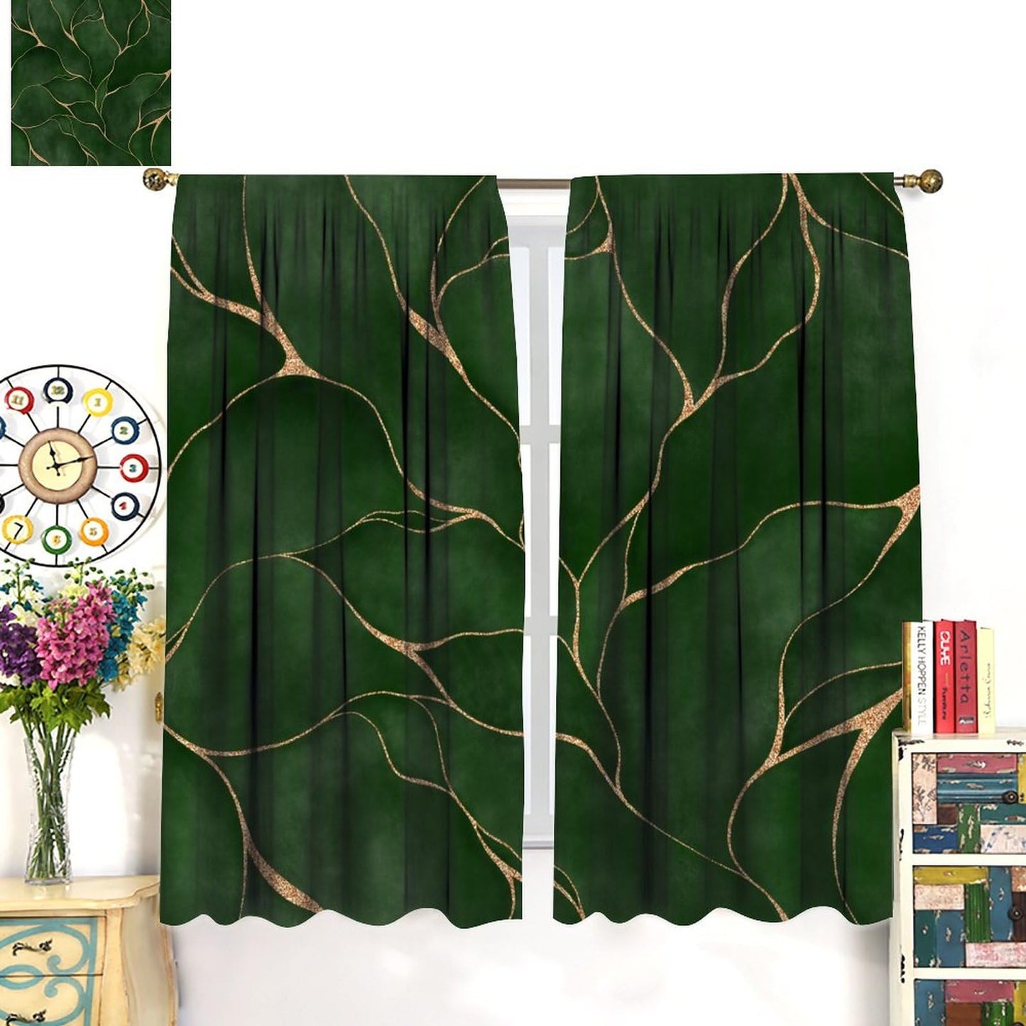 DDCBNS Abstract Green Leaf Curtains for Bedroom,Modern Luxury Deep Green Marble Texture Window Treatments for Living Room Kitchen Café Window Drapes 2 Panels Set,Total Size 42" x 45"