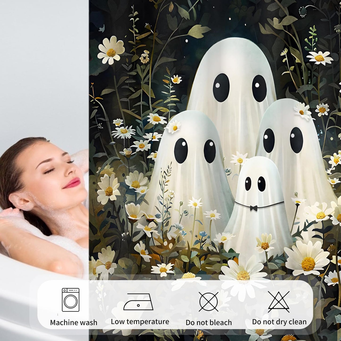 deFouliao Halloween Shower Curtain Flower with Ghost Family Cute Funny Bathroom Curtain Sets for Halloween Themed Bath Home Decor, Waterproof Fabric Decoration with Hooks 72x72 Inch