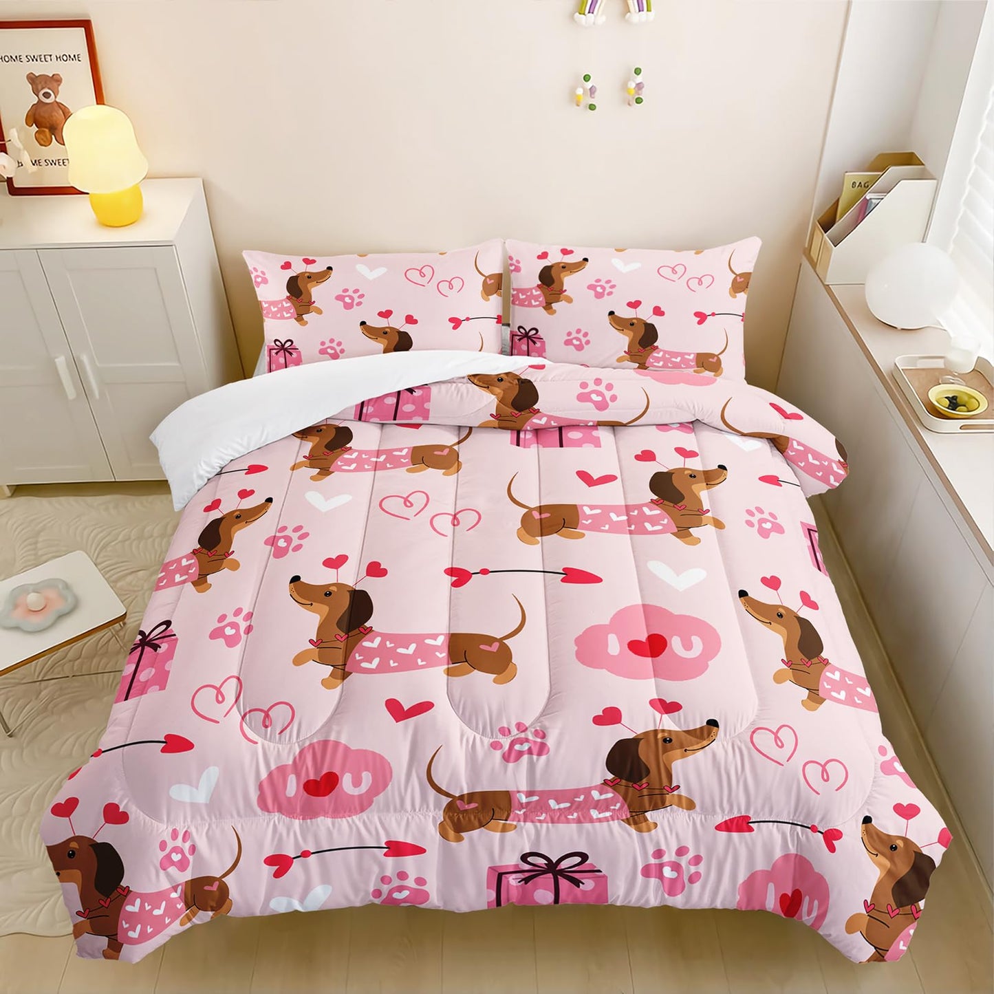 Nttopship Kids Cute Cartoon Dog Comforter Set 3 Piece Dog Bedding Set Twin Size for Kids Cute Pink Dogs Bedding Bed in A Bag Lovely Dog Alternative Room Decor 1 Comforter and 2 Pillowcases