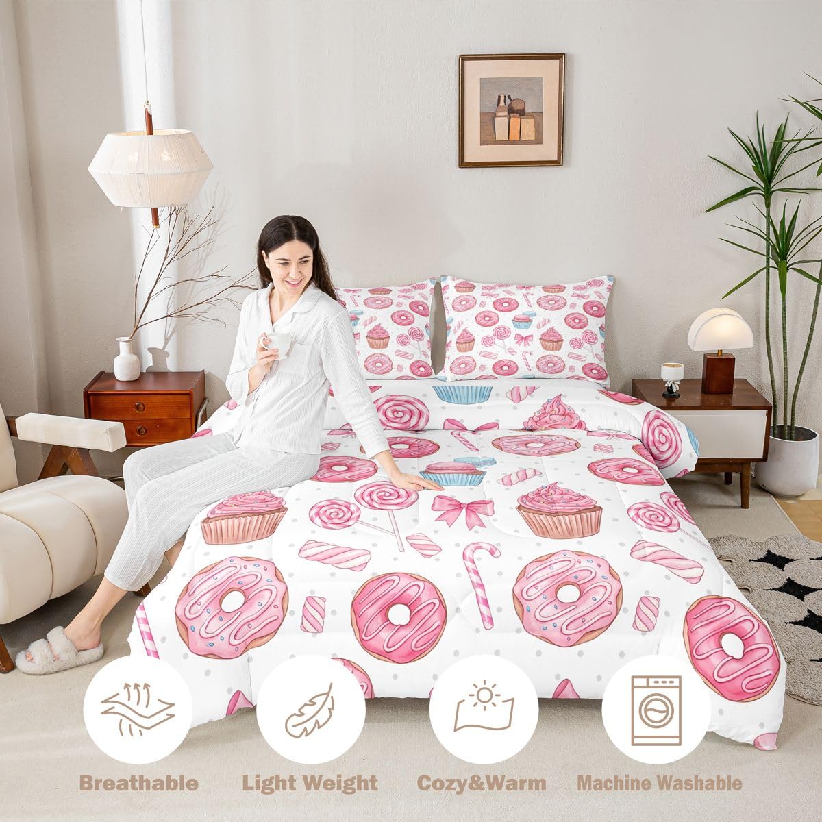 Manfei Pink Doughnut Bows Comforter Set 2Pcs Cartoon Lollipop Candy Twin Size Bedding Set Dreamy Girly Dessert Duvet Insert for Kids Girls Adult Room Decor(1 Comforter,1 Pillowcase) Chocolate Donut