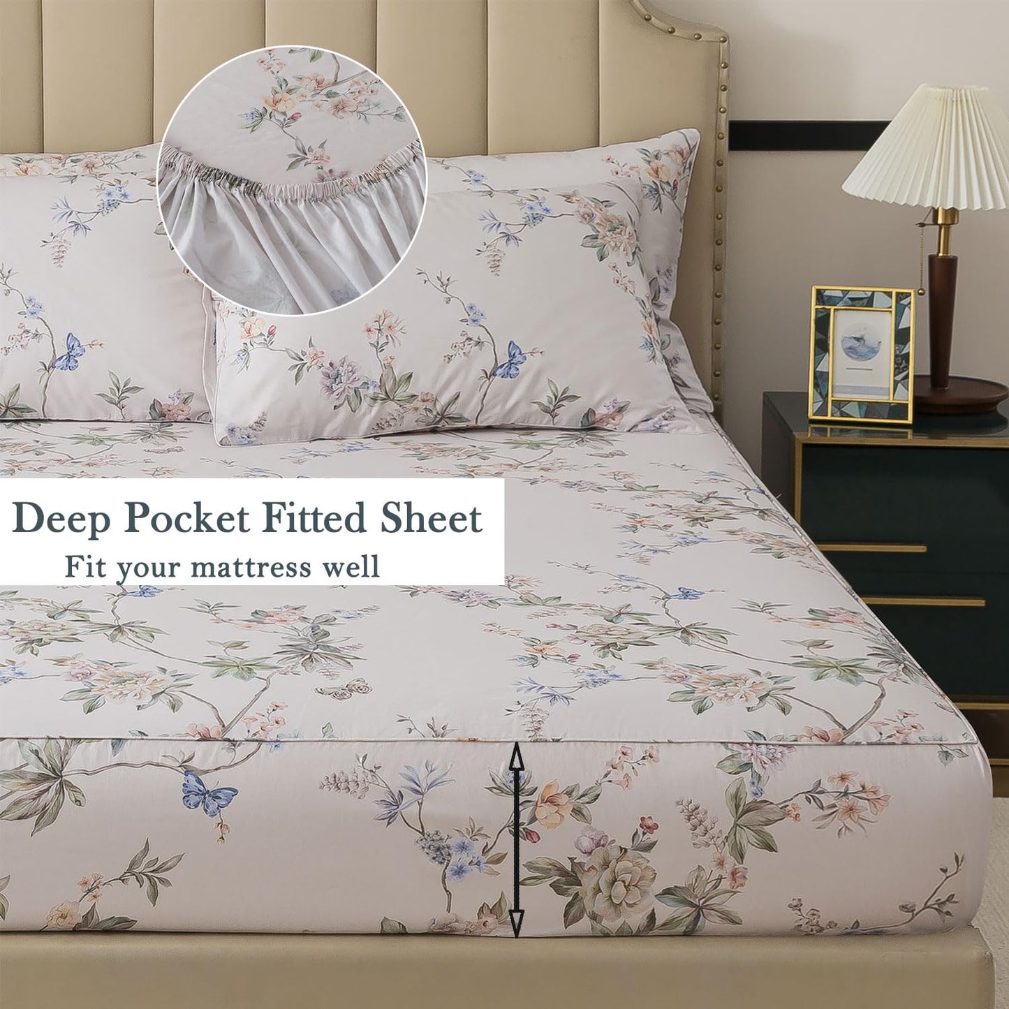 FADFAY Queen Size Sheets Set – 4 Pieces Percale Cotton Deep Pocket Fitted Sheet, Crisp, Breathable & Soft, Country Style Floral & Butterfly Pattern Bedding for All Seasons