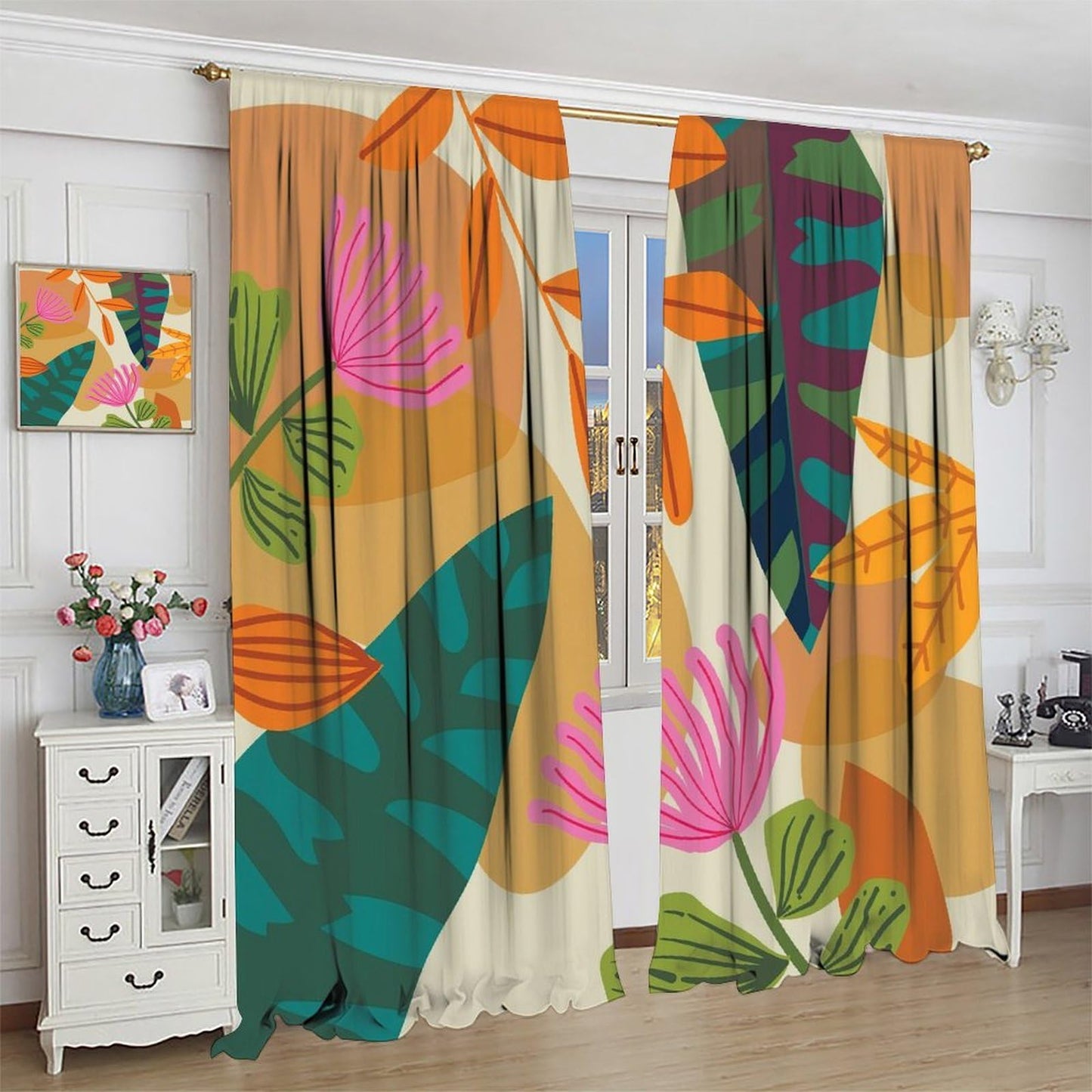 Nanacur Mid Century Leaves Flower Curtains, Boho Modern Abstract Tropical Leaf Floral Print Window Drapes, for Living Room Bedroom 42" W X 45" L (Decorative)