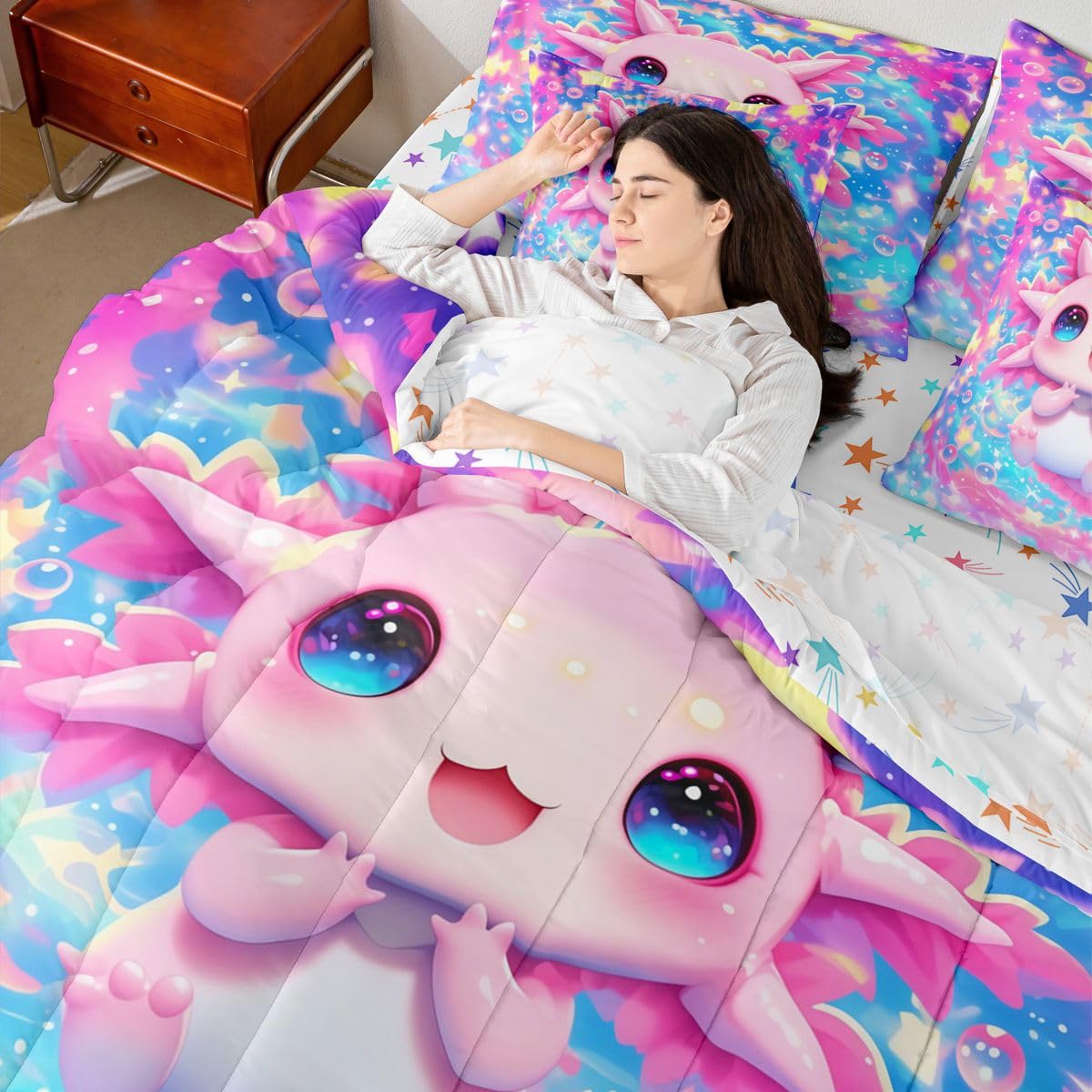 Kids Cute Axolotl Queen Bedding Set for Girls Teens Pink Axolotl Comforter Set with Flat and Fitted Sheet Dreamy Princess Rainbow Galaxy 7-Piece Bed in a Bag Cartoon Bubble Stars Sky Quilt Sets