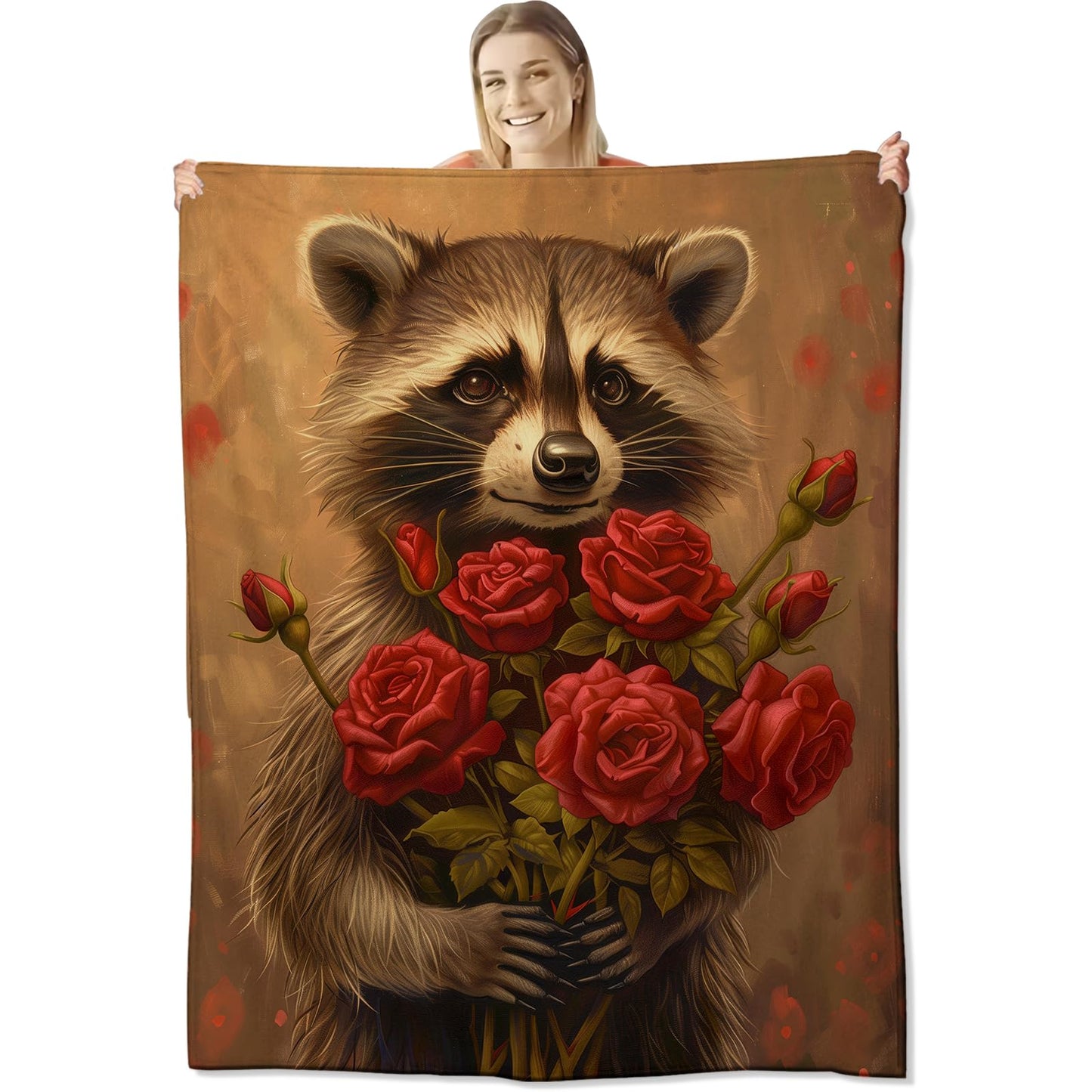 cromcu Raccoon Blanket for Kids and Adults, Holding a Bouquet of Rose, Flannel Throw Blankets, Lightweight Warm Soft for Sofa Couch Bed Romantic Decor Gifts, Single-Sided Printing, 50x60 Inches