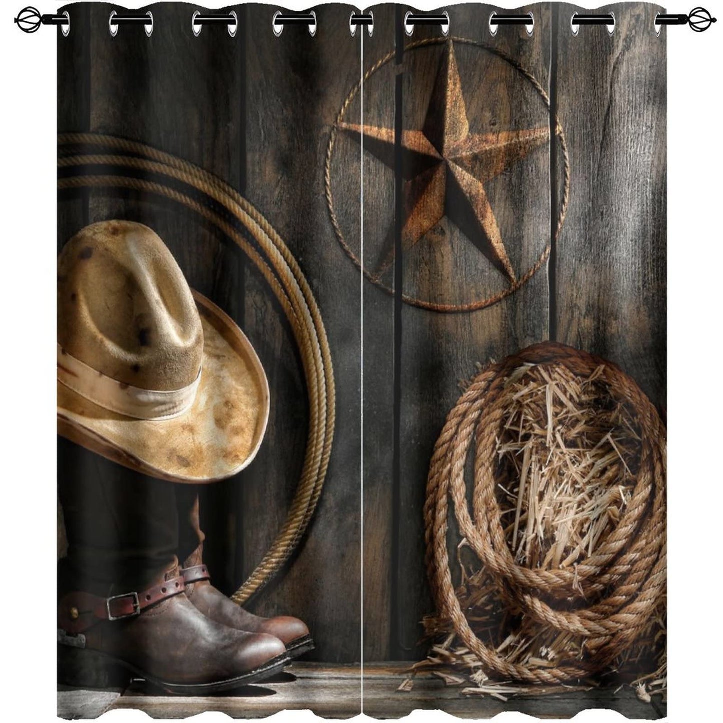 Western Farmhouse Room Darkening Blackout Window Curtains with Grommets,Rustic Cowboy Leather Boots Texas Star Hat on Wooden Energy Efficient Window Treatment for Living Room 2 Panels 63L x 27.5W